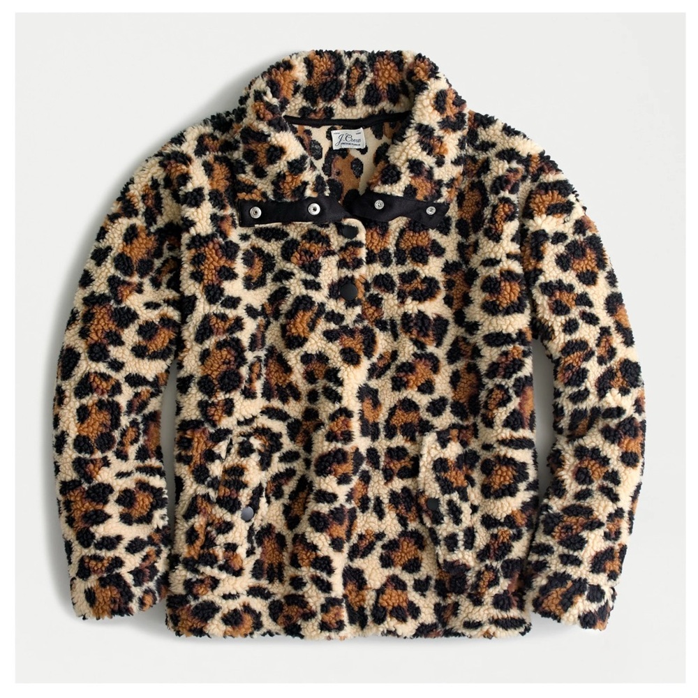 J. Crew Snap-Collar Sherpa Pullover Jacket in Leopard Print - Picture 4 of 8